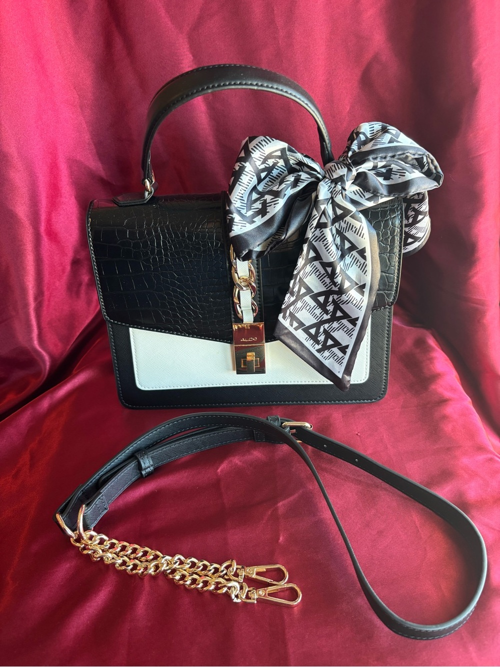 Black and White Top-Handle Satchel with Scarf Accent